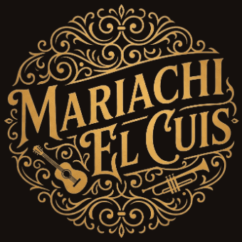 Logotipo de Mariachi El Cuis: escudo dorado con guitarra y trompeta